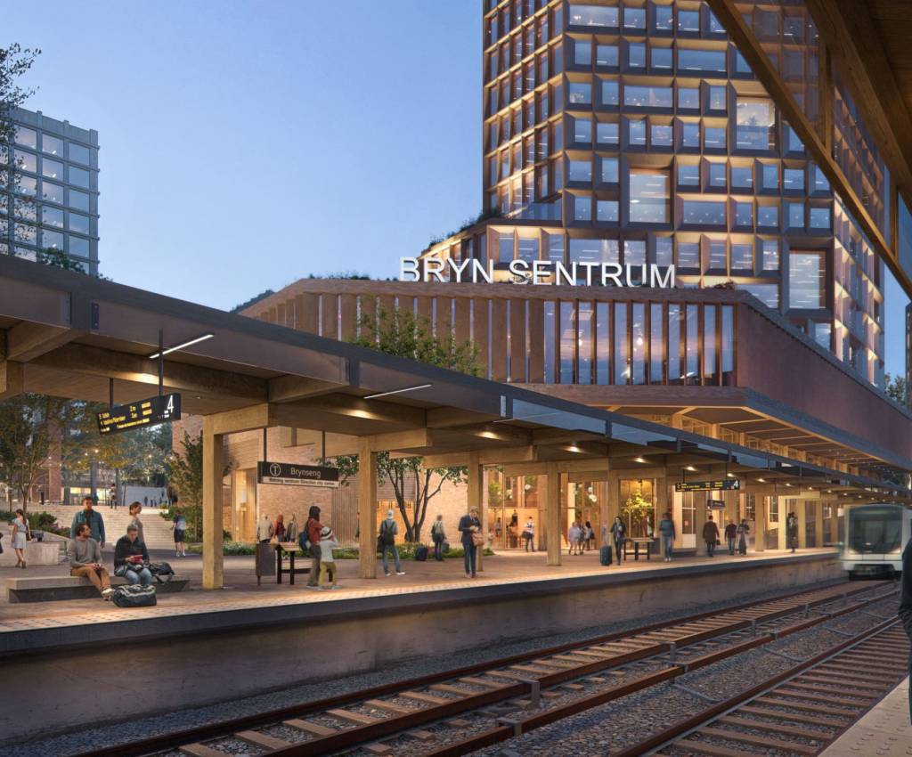 Brynseng t-banestasjon ligger integrert i planområdet. Illustrasjon: Grape Architects/Visulent