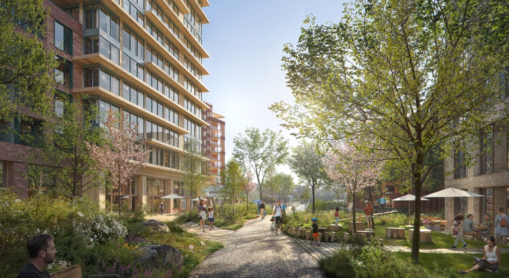 En grønn korridor planlegges fra t-banestasjonen og gjennom planområdet. Illustrasjon: Grape Architects/Visulent