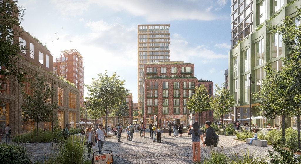 Bryn sentrum vil få et urbant bydelstorg. Illustrasjon: Grape Architects/Rodeo arkitekter/Visulent