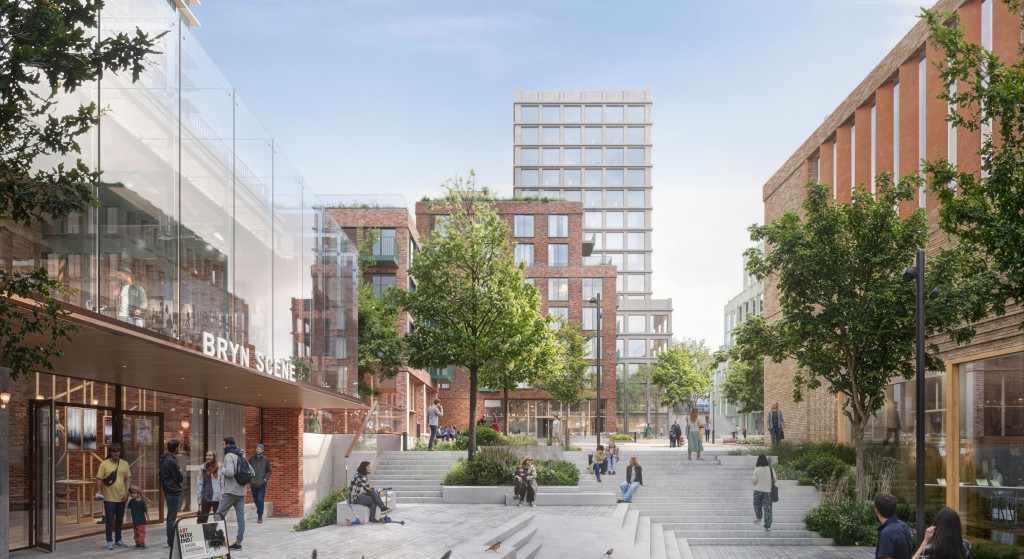 En plan for et helhetlig byområde med funksjonsblanding utviklet av to av landets største utviklere innenfor næring og bolig. Illustrasjon: Grape Architects/ Rodeo arkitekter/ Visulent