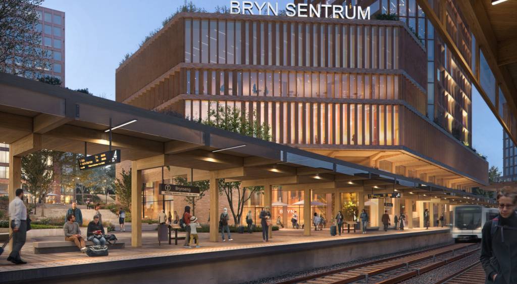 Brynseng t-banestasjon ligger integrert i planområdet. Illustrasjon: Visulent, Grape Architects, Mad arkitekter, 4B arkitekter, Hille Melbye arkitekter, NIELSTORP+ arkitekter, Helen & Hard, SLA.