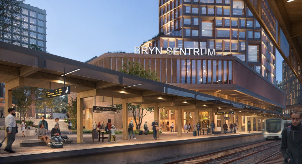 Brynseng t-banestasjon ligger integrert i planområdet. Illustrasjon: Grape Architects/Visulent