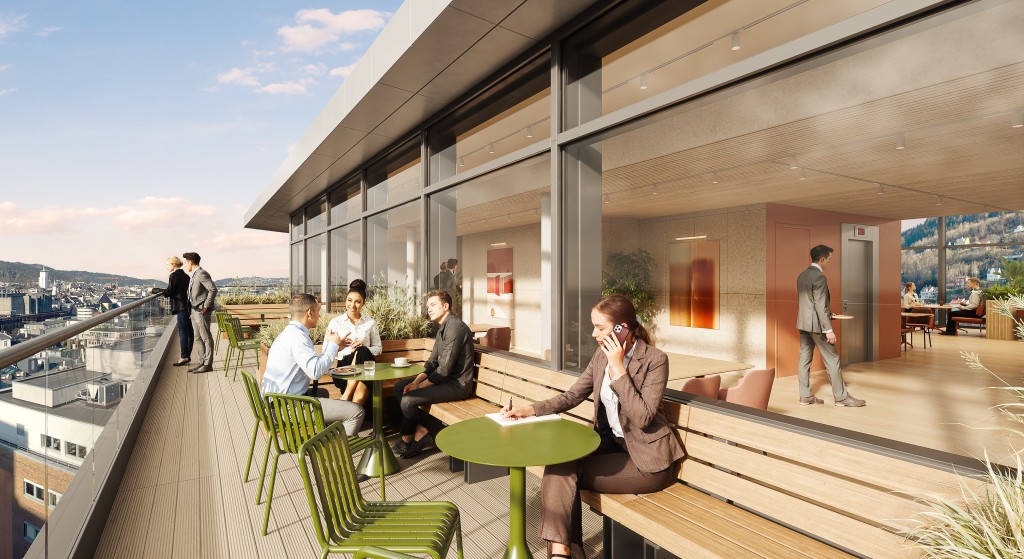 Personalrestaurant og takterrasse i 9. etasje med unik utsikt over byen. Illustrasjon: Goldbox