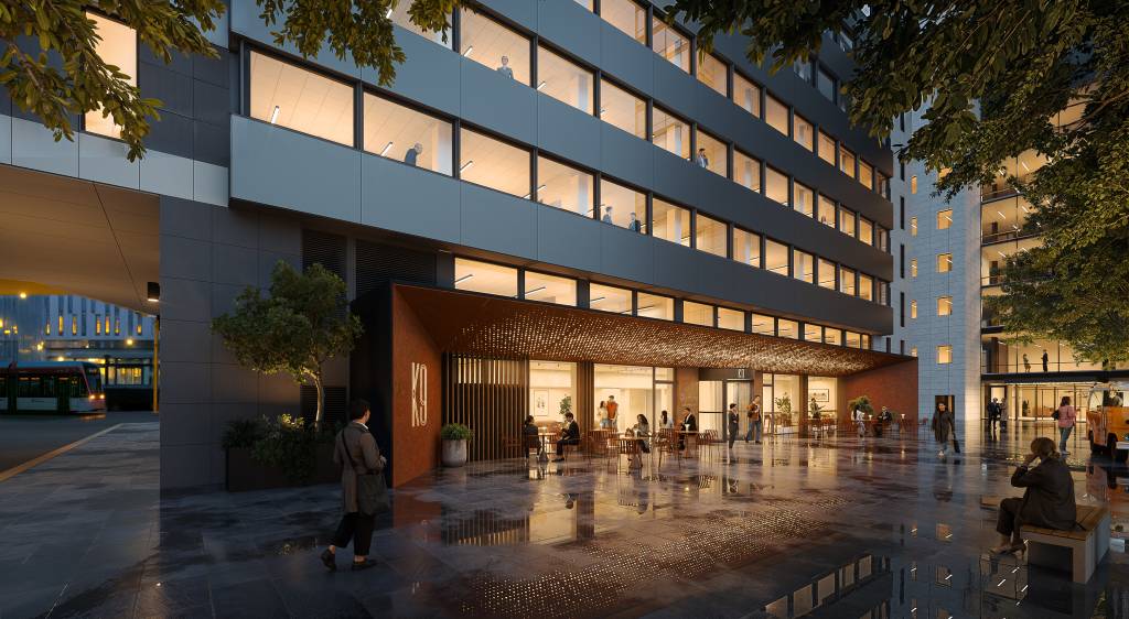 Tides hovedkontor blir fra 2027 å finne i Kaigaten 9. Entra skal innen innflytting modernisere eiendommen, som nå blir et moderne flerbrukerbygg, tett på Bergens største kollektivknutepunkt. (3D-illustrasjon)