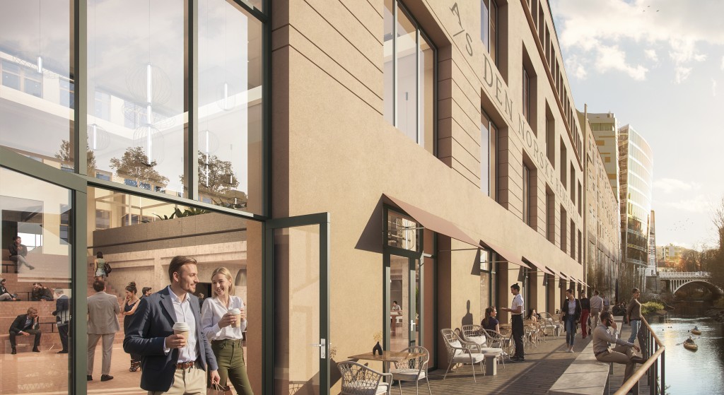 Som en del av utbyggingen skal det etableres en gangforbindelse på vestsiden av elva mellom Vaterland bru og Hausmanns bru. Turstien blir åpen for alle. Illustrasjon: Eve