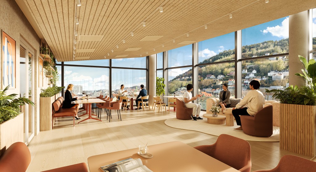 Utsikten fra personalrestauranten i 11. etasje blir upåklagelig når oppgraderingen er fullført i 2027. (3D-illustrasjon)