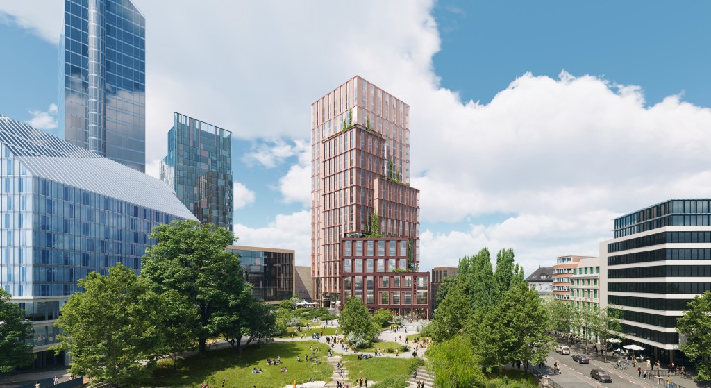 Møte mellom bydeler Lilletorget sett fra Nylandsbrua: Vaterlandsparken med ny adkomst til Akerselva, økt biologisk mangfold og aktiviteter gjennom døgnet. (Illustrasjon: Henning Larsen/ Vivid visuals)