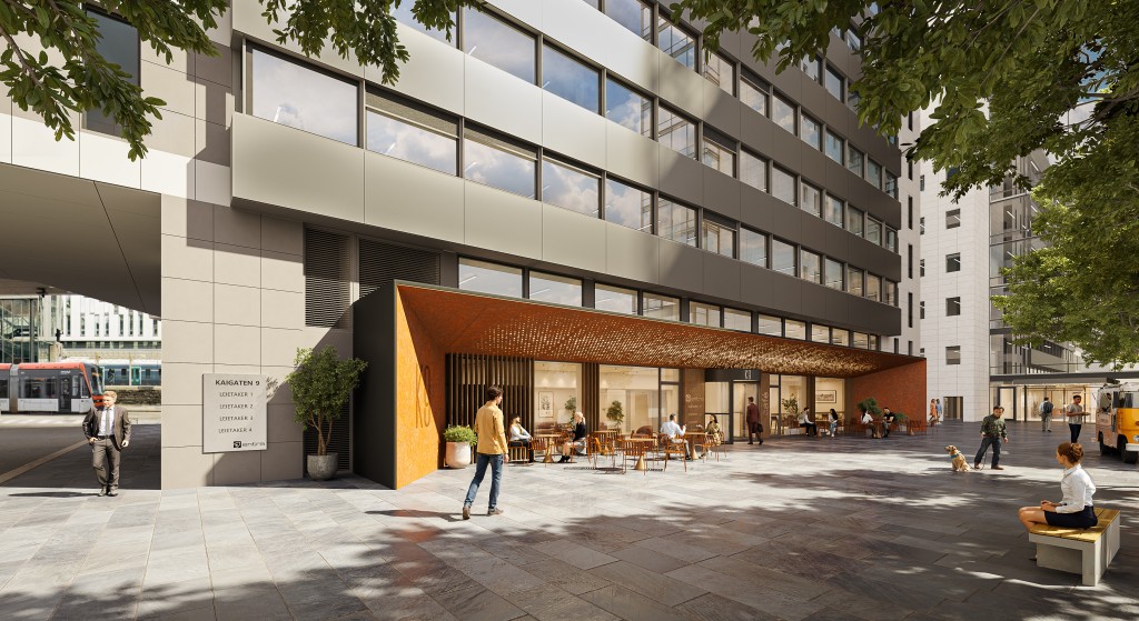 Det skal gjøres grep for å løfte både inngangsparti og fasade mot torget. Illustrasjon: Goldbox