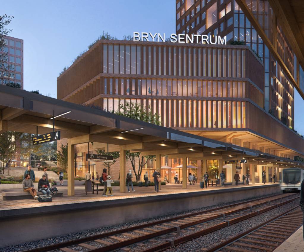 Brynseng t-banestasjon ligger integrert i planområdet. Illustrasjon: Visulent, Grape Architects, Mad arkitekter, 4B arkitekter, Hille Melbye arkitekter, NIELSTORP+ arkitekter, Helen & Hard, SLA.