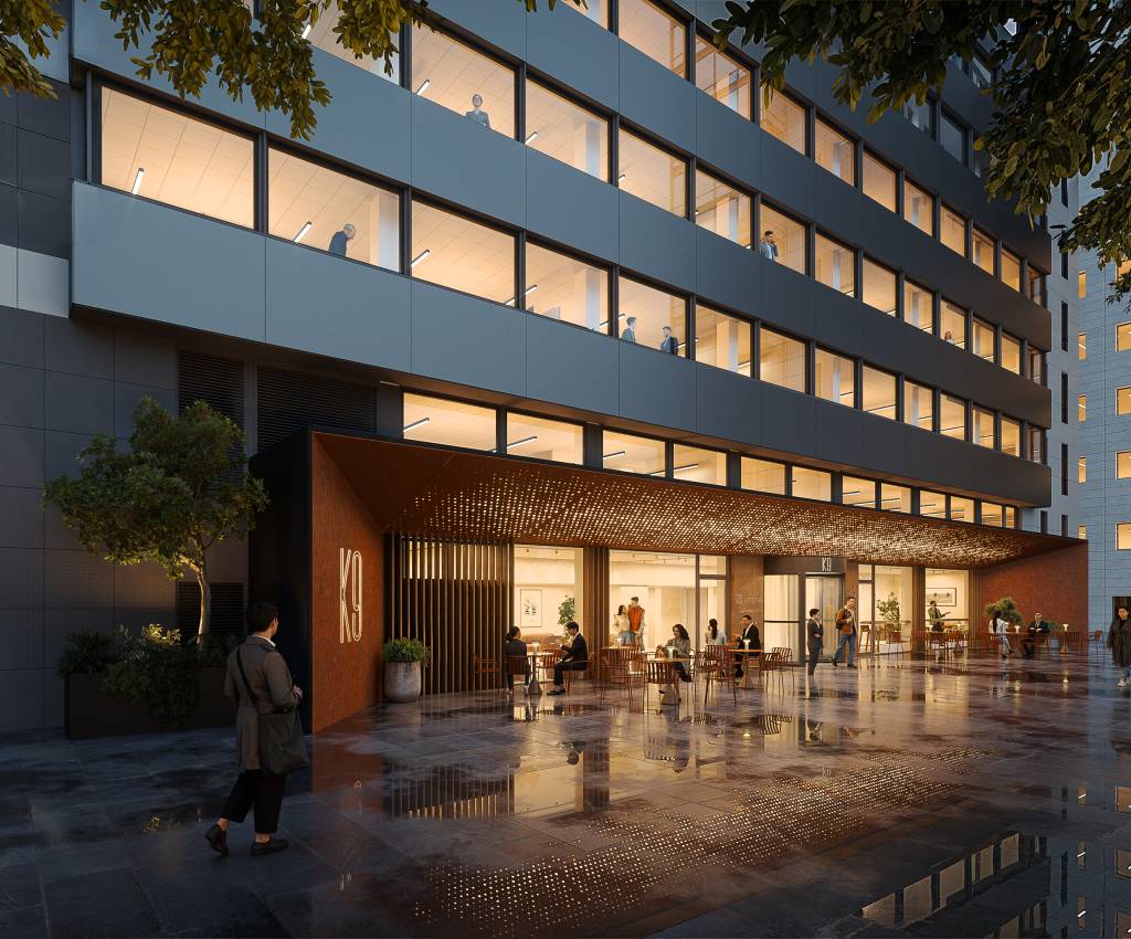 Tides hovedkontor blir fra 2027 å finne i Kaigaten 9. Entra skal innen innflytting modernisere eiendommen, som nå blir et moderne flerbrukerbygg, tett på Bergens største kollektivknutepunkt. (3D-illustrasjon)