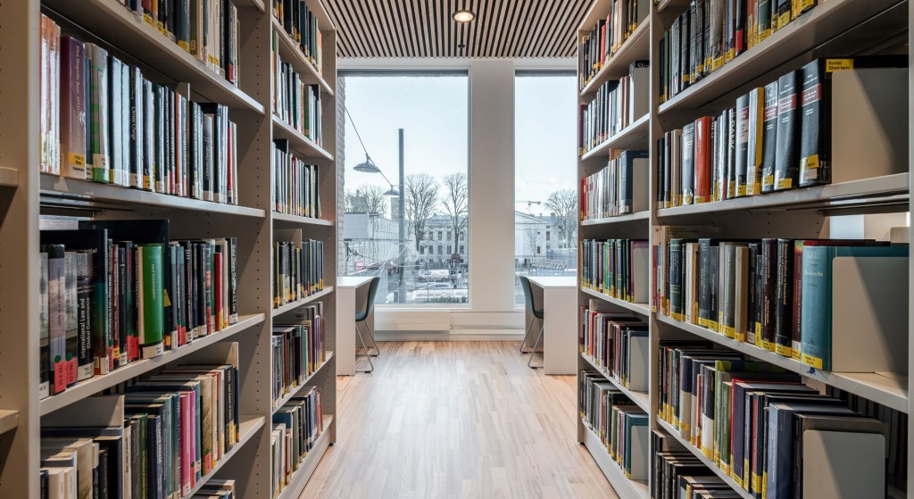 Stort bibliotek og lesesal tilrettelagt for studenter