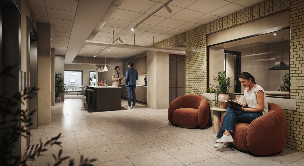 3D illustrasjon av sosial sone i kontor