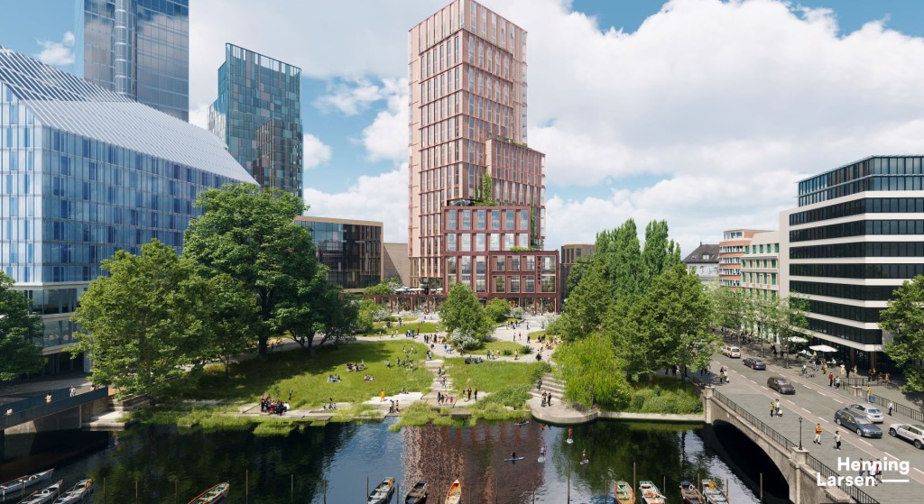 Illustrasjon av bygget med Vaterlandsparken i forgrunnen
