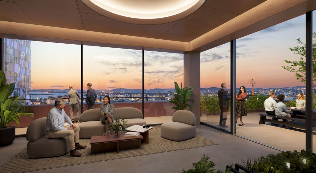 Illustrasjon av sosial sone og terrasse ved kontorlokaler i prosjektet på Lilletorget